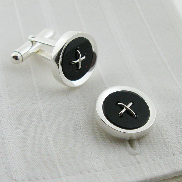 Sterling silver onyx button cufflinks