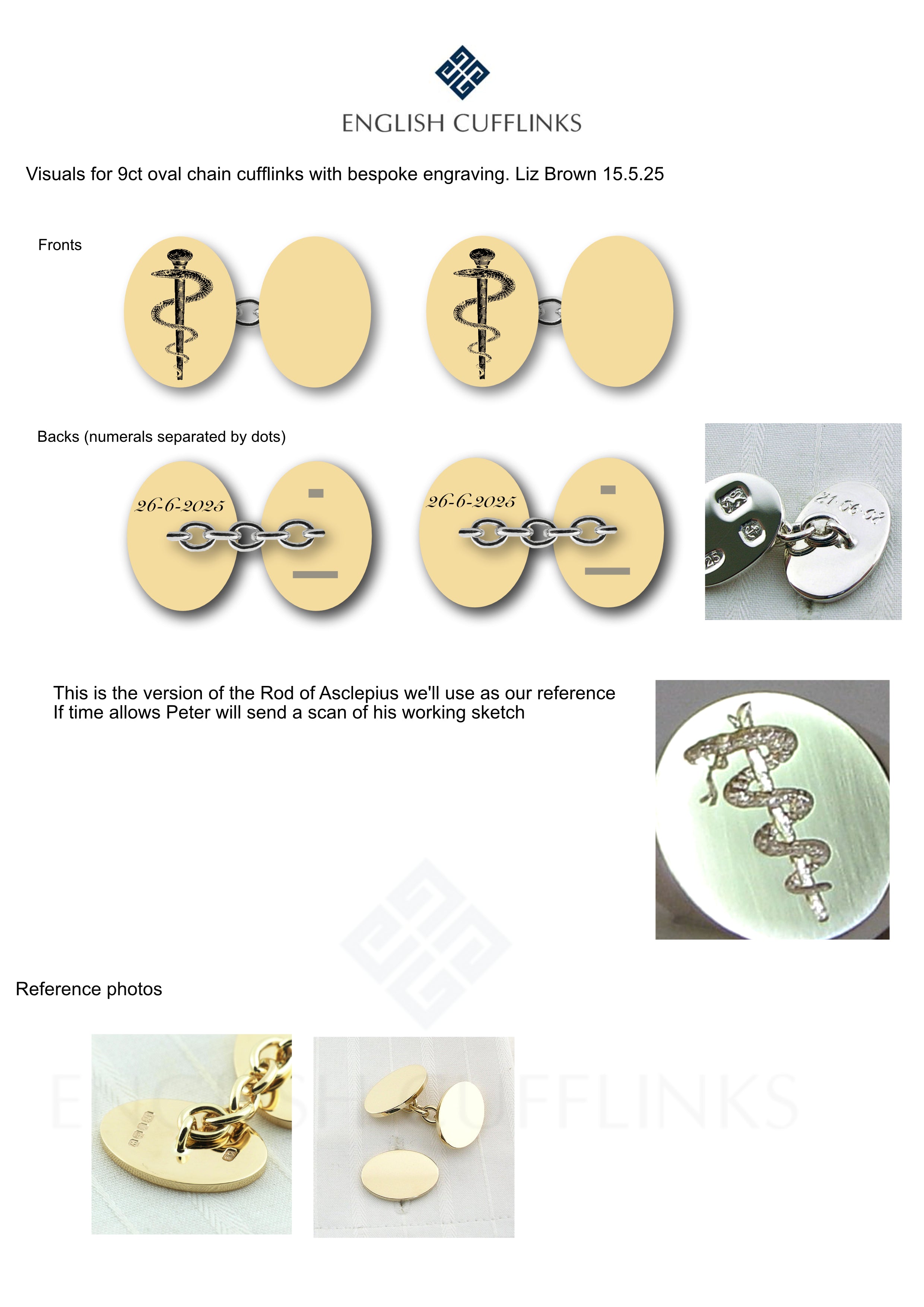 Bespoke engraved 9ct gold cufflinks for Liz Brown