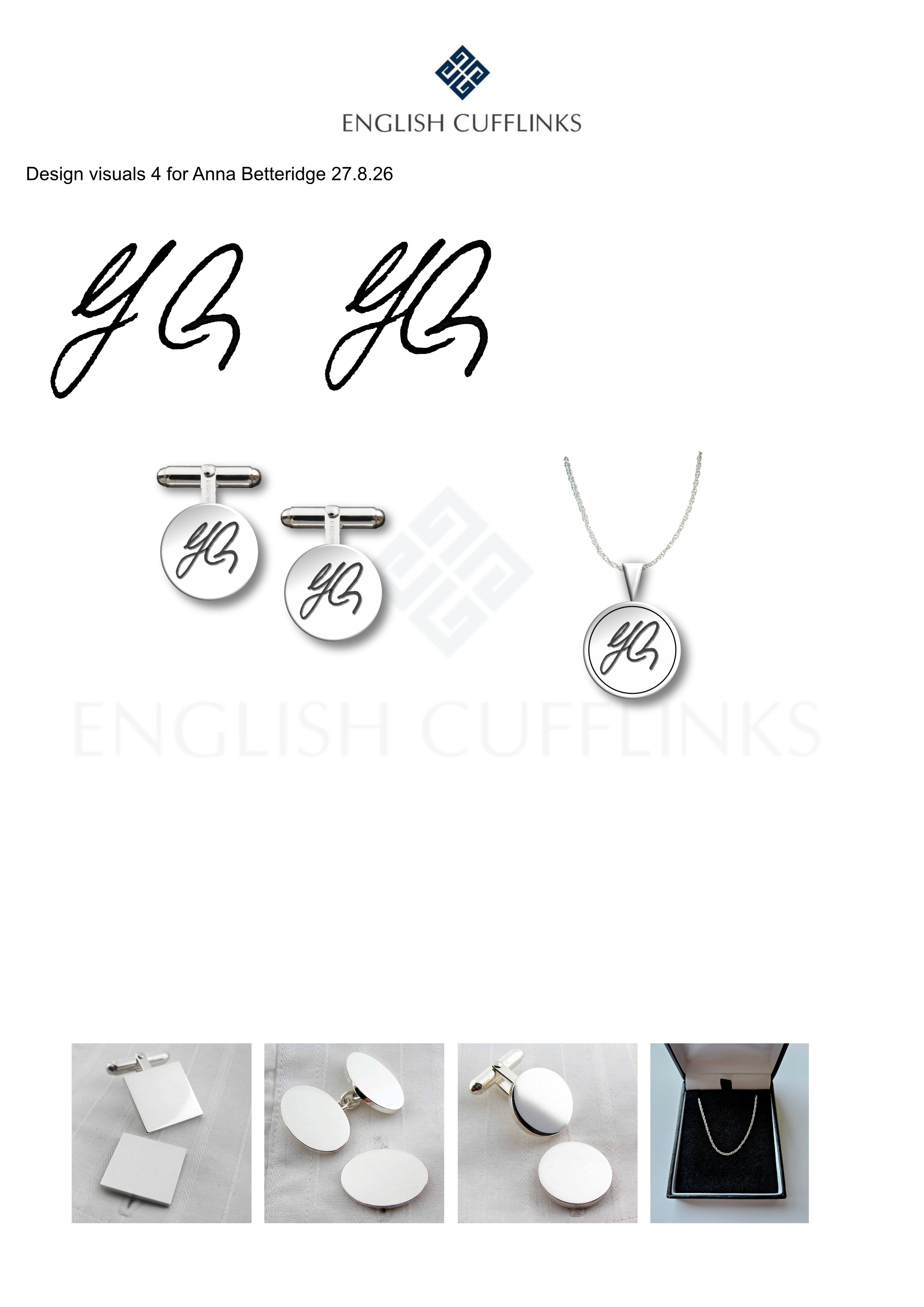 Bespoke etched silver cufflinks and pendant