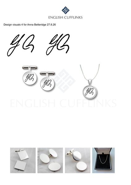 Bespoke etched silver cufflinks and pendant