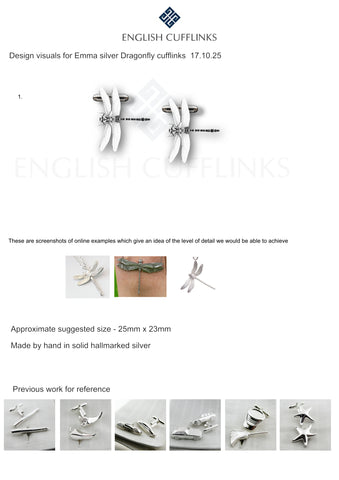 Bespoke silver Dragonfly cufflinks for Emma (50% deposit payment)