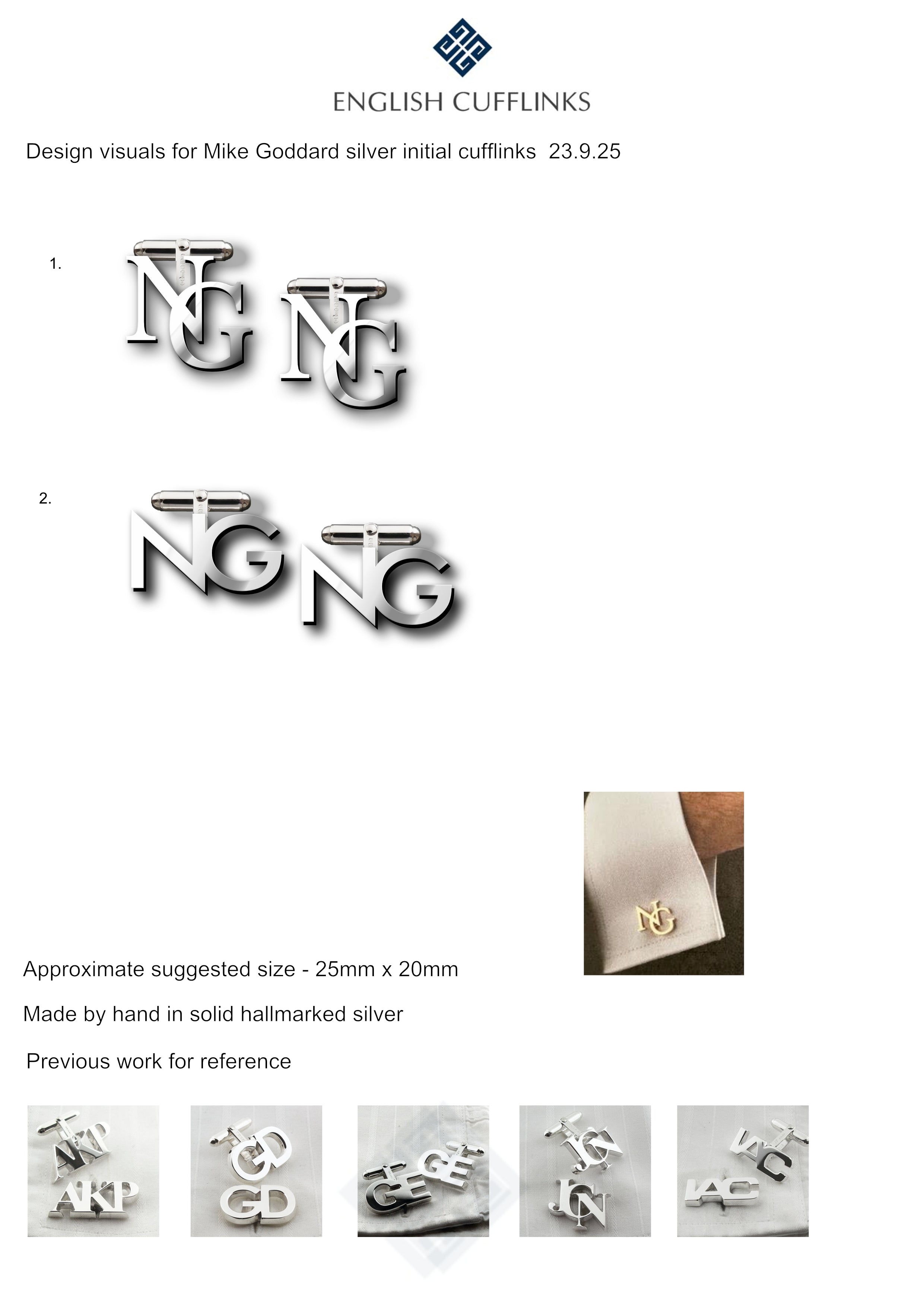 Bespoke silver initial cufflinks for Michael Goddard (50% deposit payment)