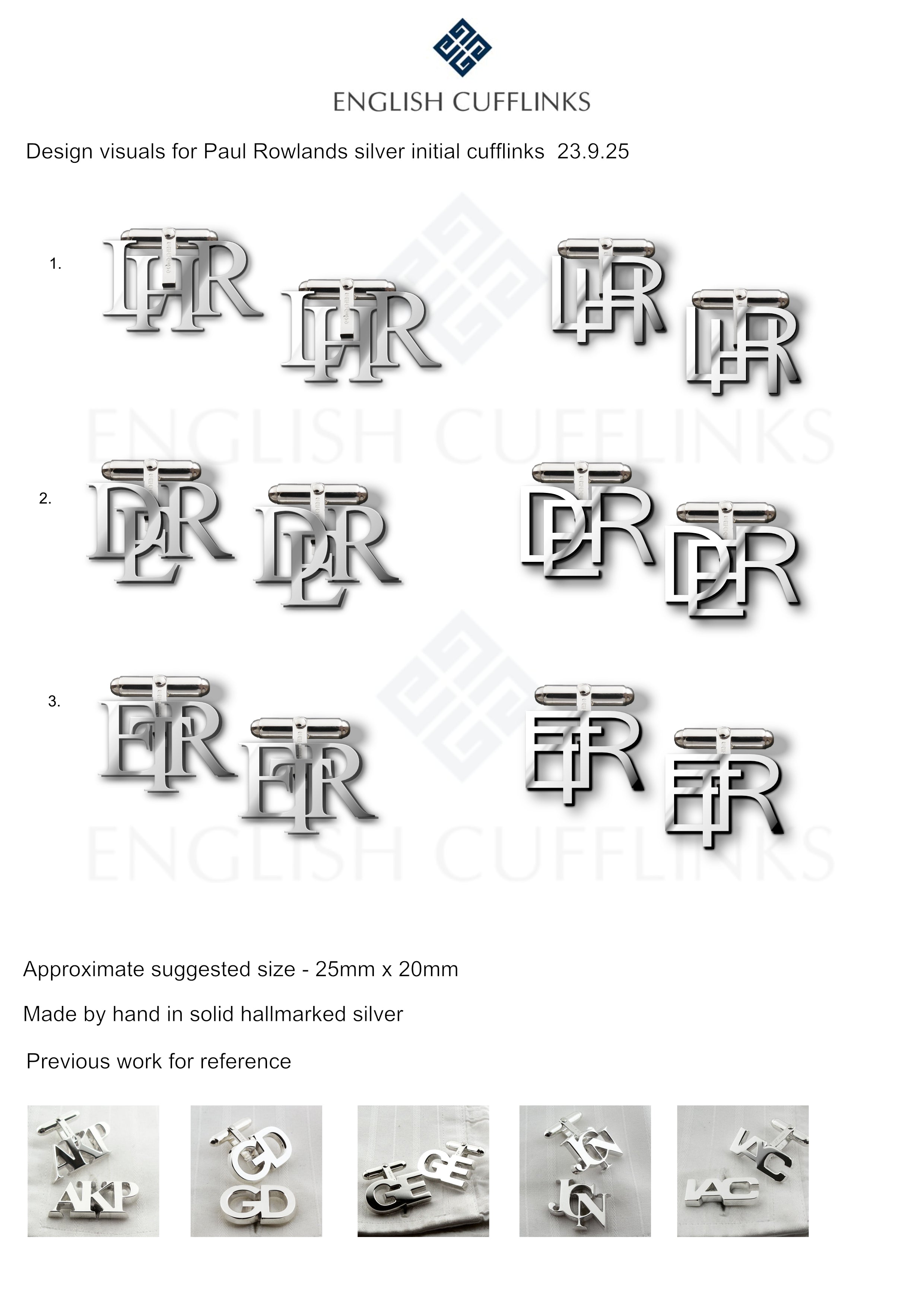 Bespoke initial cufflinks (3 pairs) for Paul Rowlands - 50% deposit payment