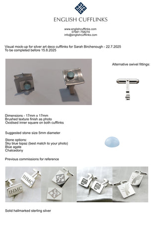 Bespoke art deco blue stone silver cufflinks for Sarah Birchenough. (balance payment)