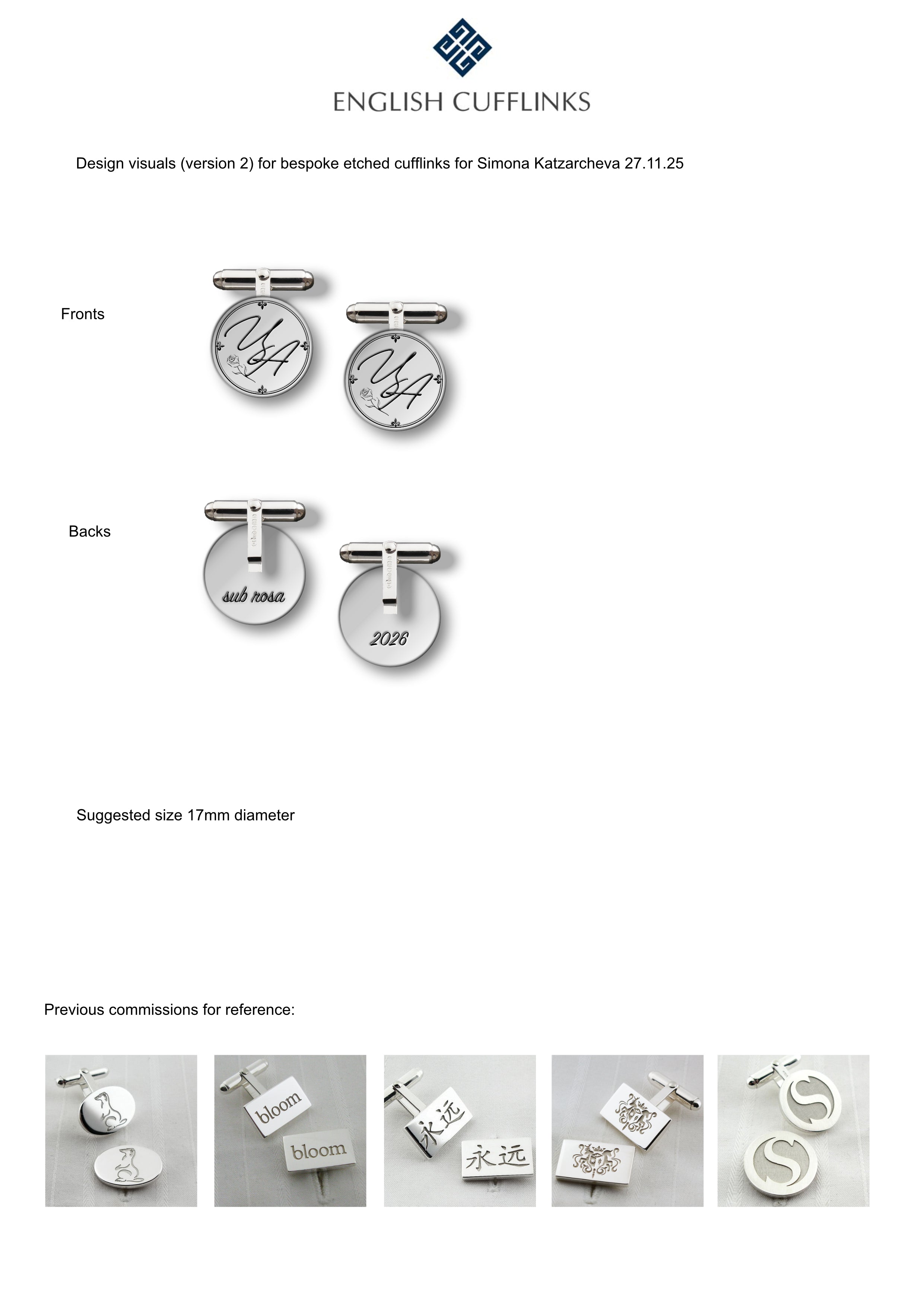 Bespoke etched silver cufflinks for Simona