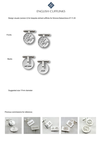 Bespoke etched silver cufflinks for Simona