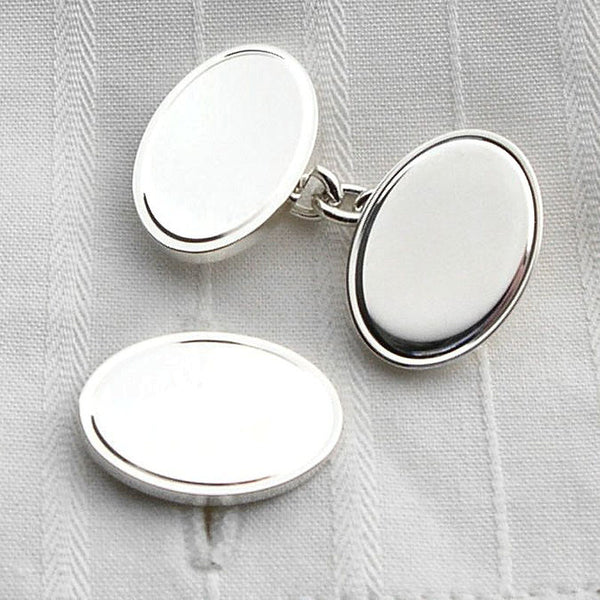 engraved border silver oval cufflinks