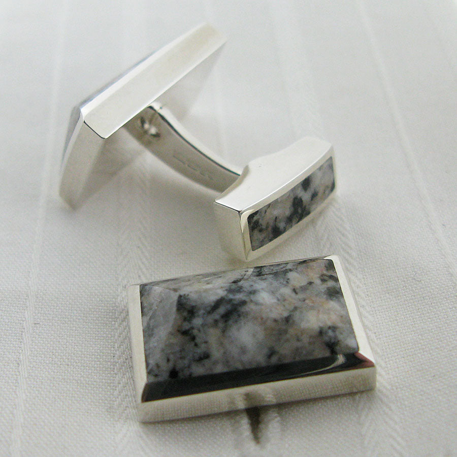 Silver granite cufflinks showing the reverse sides