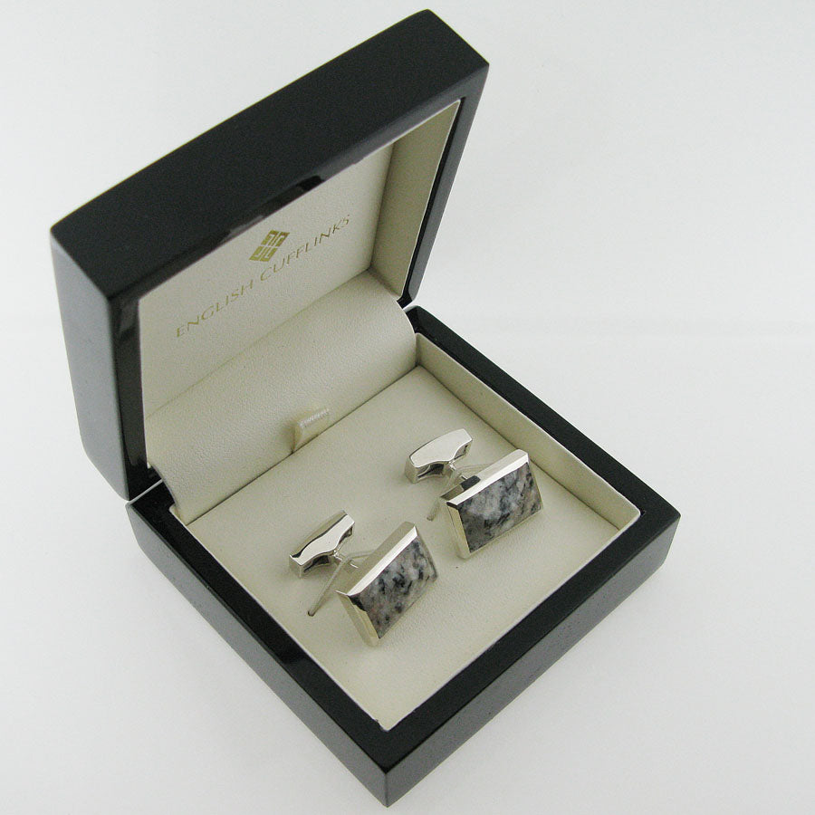Silver granite cufflinks in case