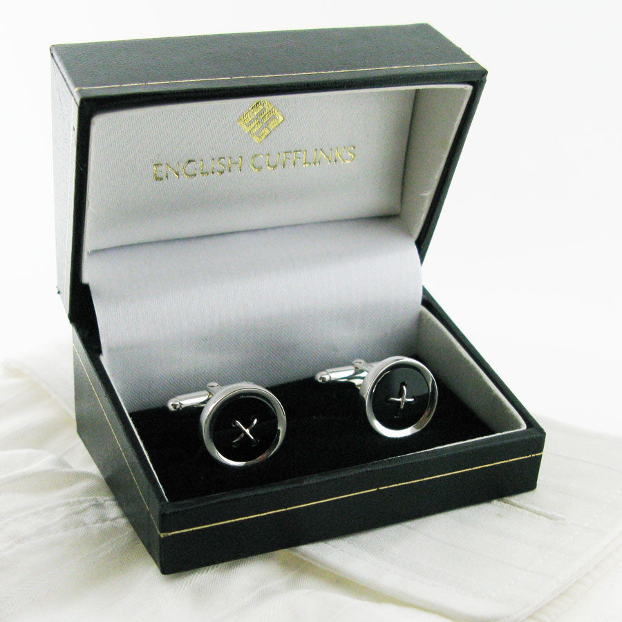 Sterling silver onyx button cufflinks in case